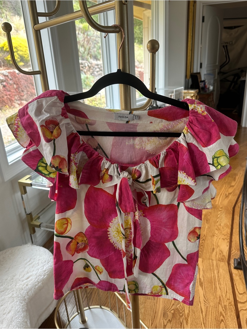 Isolda Fuchsia Floral Ruffle Off-Shoulder Crop Top